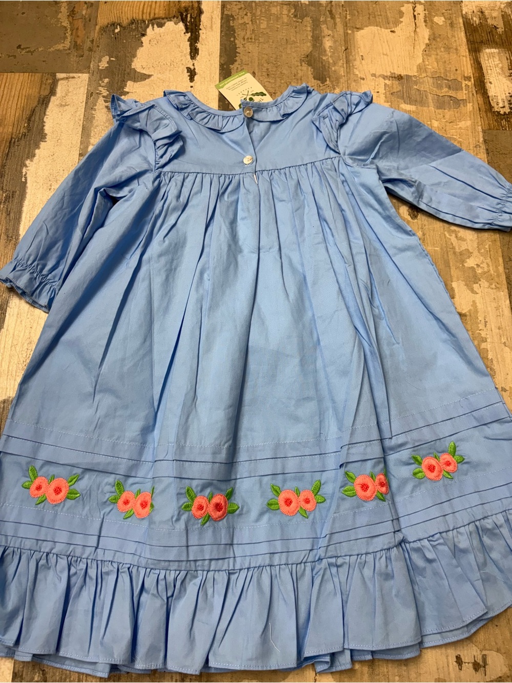 The Oaks Classic Light Blue Ruffle Hem Floral Embroidered Girls Dress - Picture 5 of 5